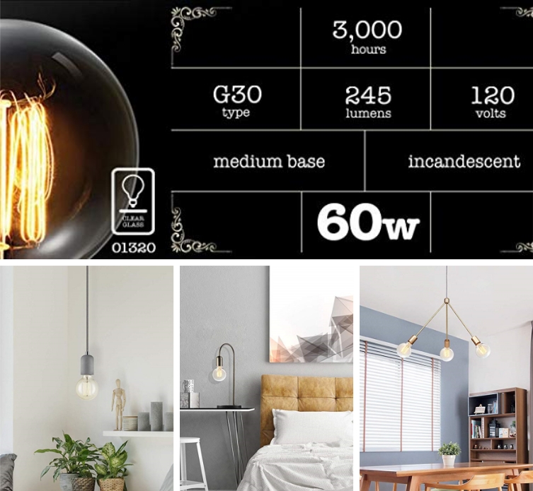 245 Lumens Globe 60W Vintage Edison G30 Tungsten Incandescent Filament Light Bulb With E26 Standard Base