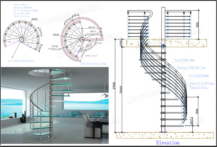 Modern Glass Staircase Spiral/ Aluminum Spiral Staircase Outdoor