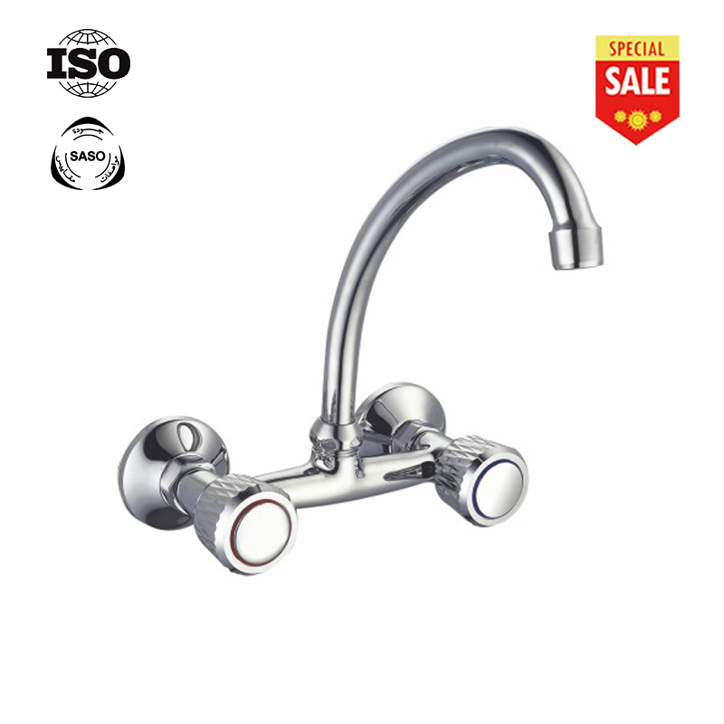 double-handle washbasin mixer tap wall-mounted brass chromed metal kitchen water tap