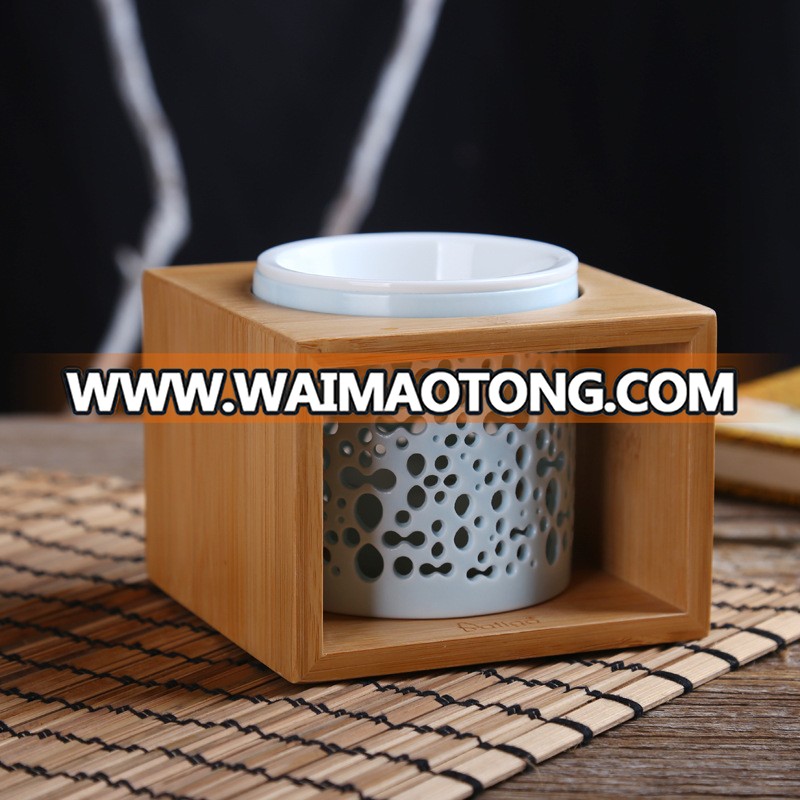 Classic wooden frame pattern aroma ceramic oil burner with soybean wax tealight candles