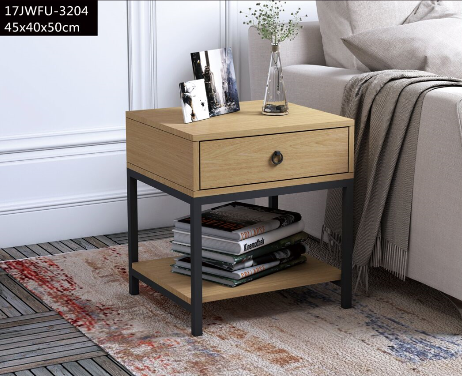 Bedroom metal frame wooden bedside table nightstand with shelf