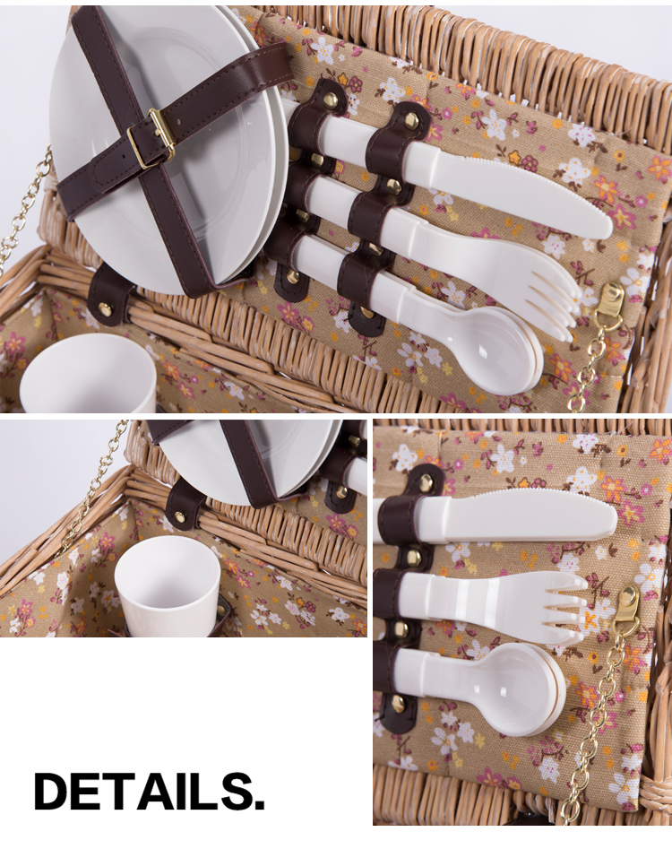 Cheap floral interlining cloth plastic fork knife blanket folding wicker willow 2 picnic hamper suitcase storage box basket