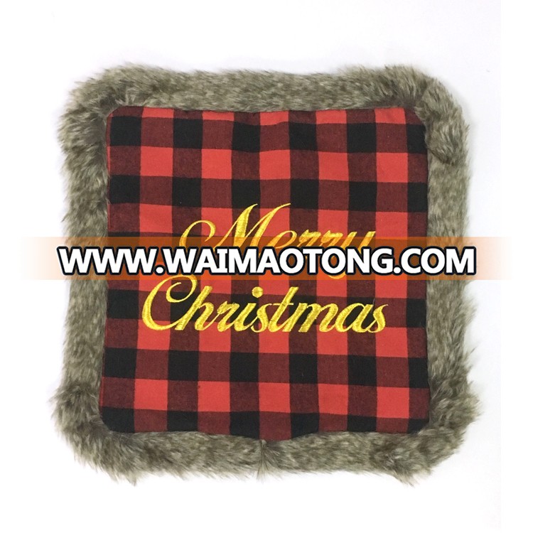 Christmas embroidered black white plaid fur Pillow Cases Decorative Square