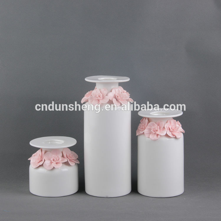 Wholesale rustic design white ceramic hotel bottle vase with pink flower,set of 3