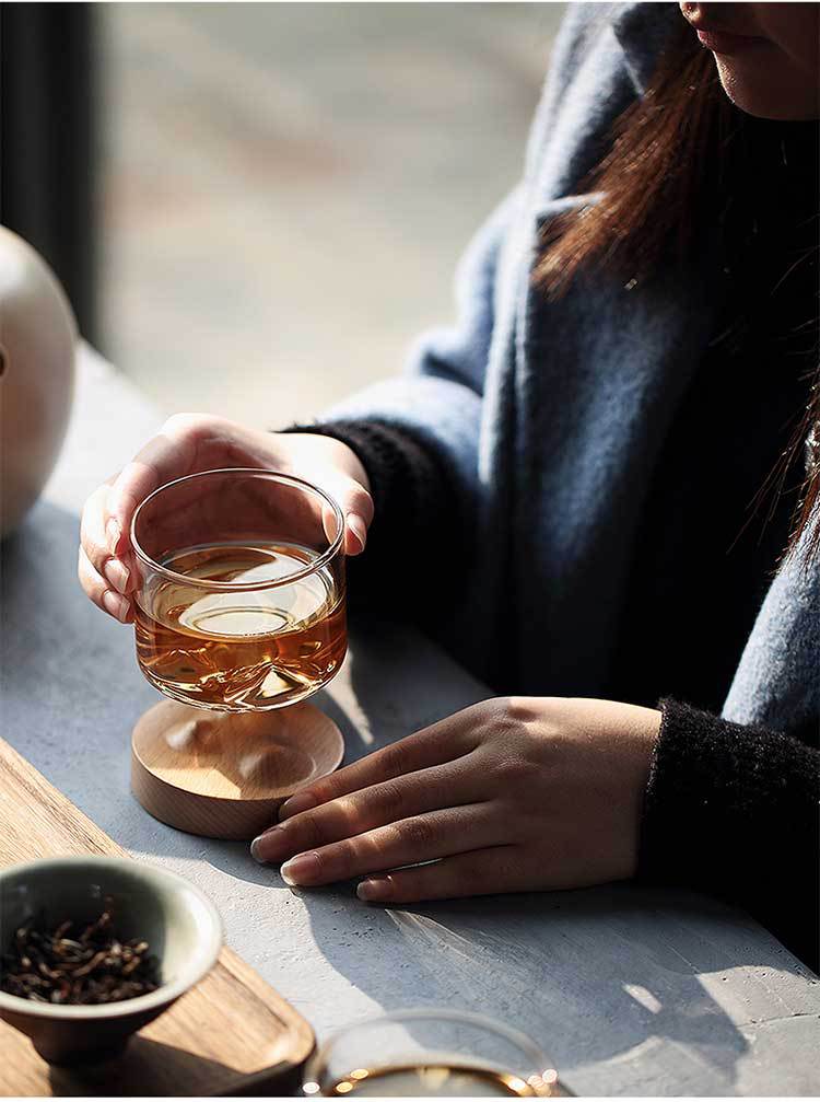 Creative 120ml Functional Small Glass Drinking Cup With Black Walnut Beech Wooden Tray For Beverage