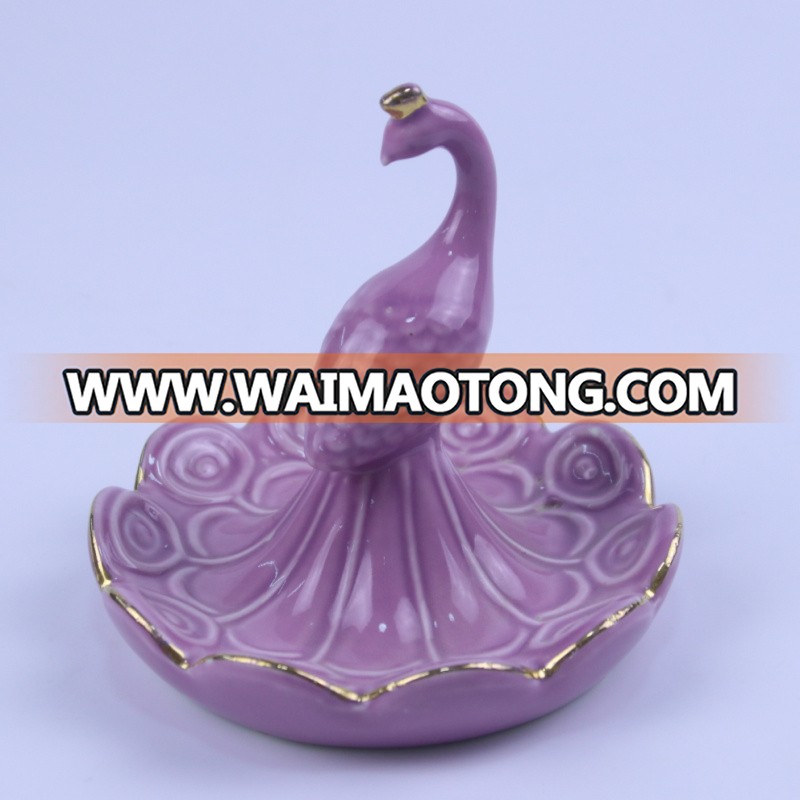 Custom color glazed ceramic peacock ring holder dish with cheap price