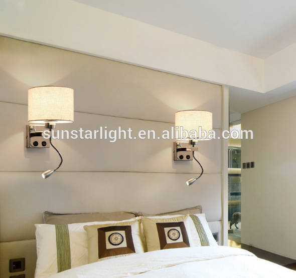 Chrome Body Fabric Shade Led Modern Hotel Wall Lamp For Project And Bedroom