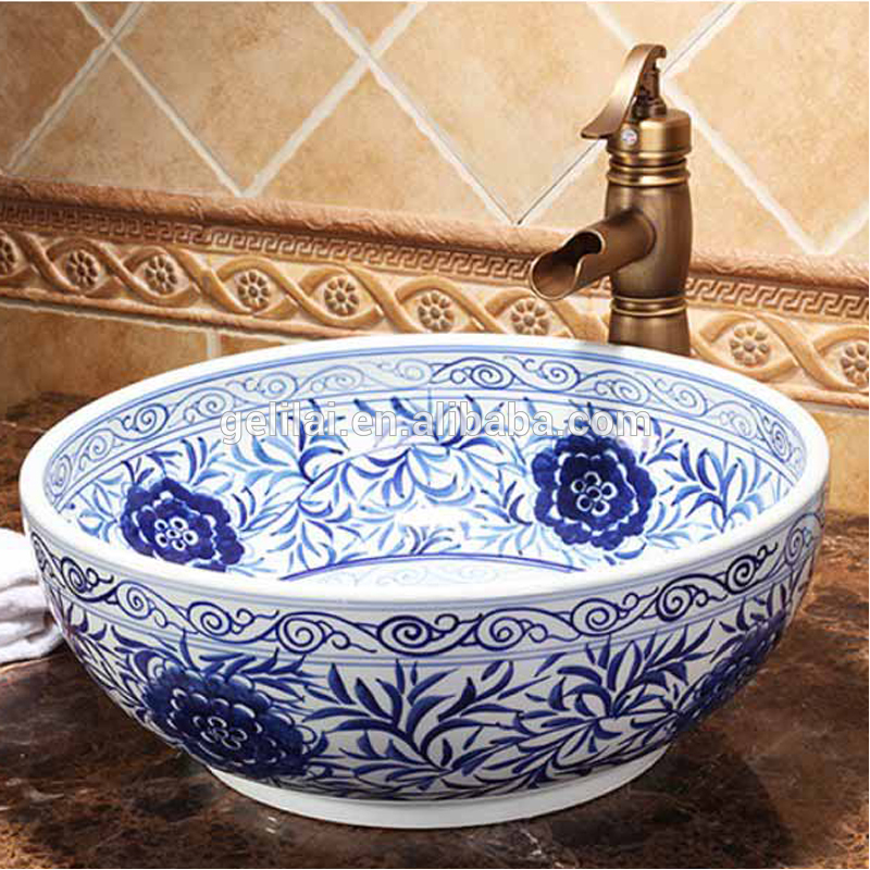 Blue color hand painting ceramic round counter basin price