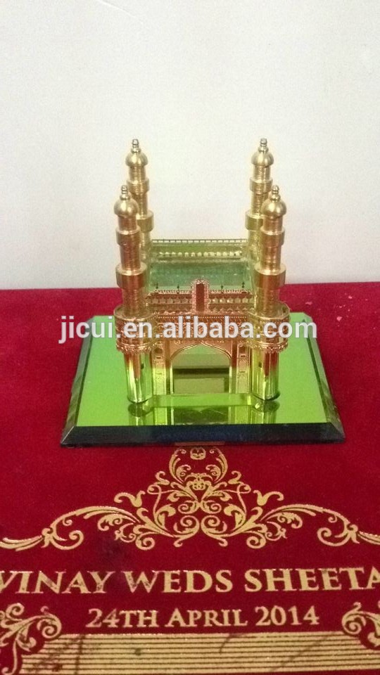 Crystal Hyderabad Charminar Mosque Model & Gold Plated Metal Charminar Model for India Wedding Gift