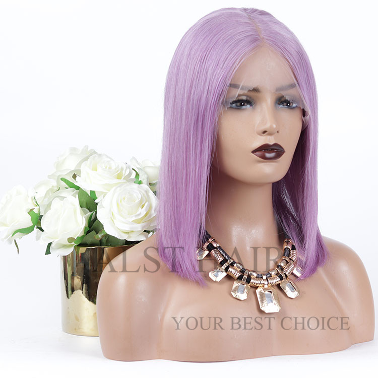 Hot selling middle part  12inch short bob wigs human hair lavender purple colorful cut bob full lace wig