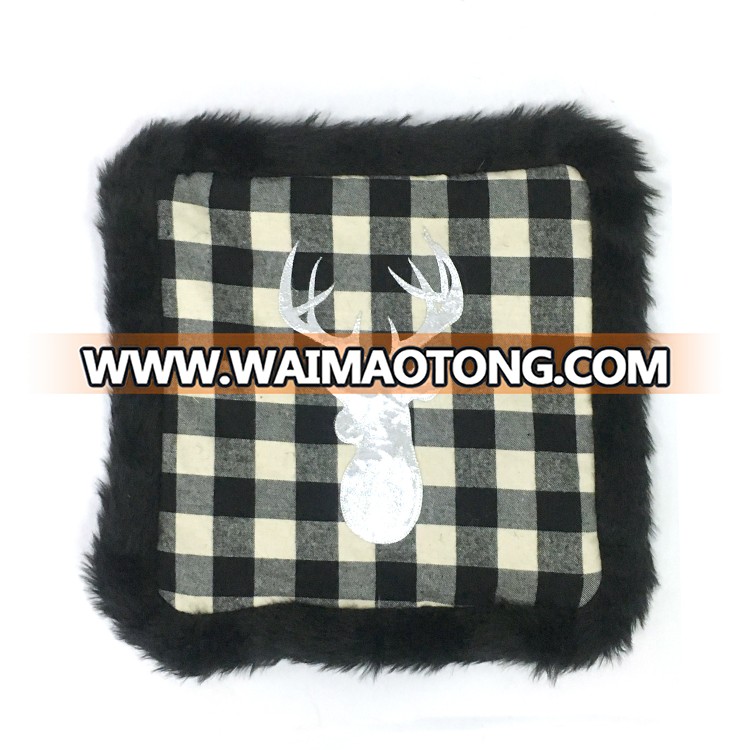 Christmas embroidered black white plaid fur Pillow Cases Decorative Square