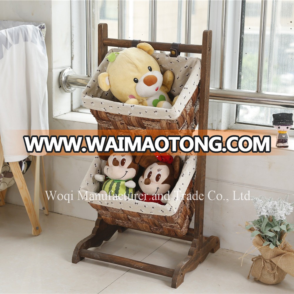 2017 High quality chinese products fabric packing folding home wood laundry basket, wood shelf 2 layers storage baskets