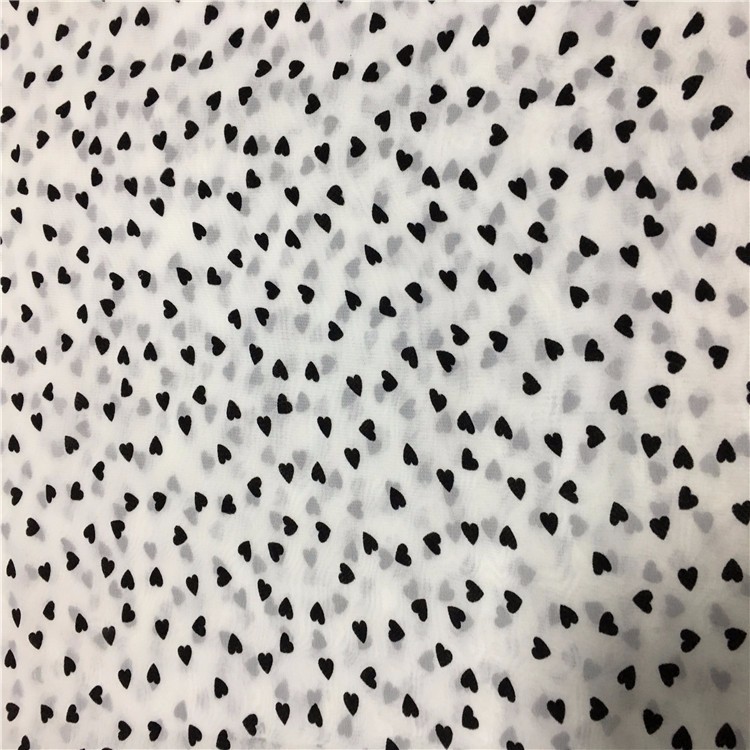 75D 100% polyester black heart flocked chiffon fabric for women's cloth