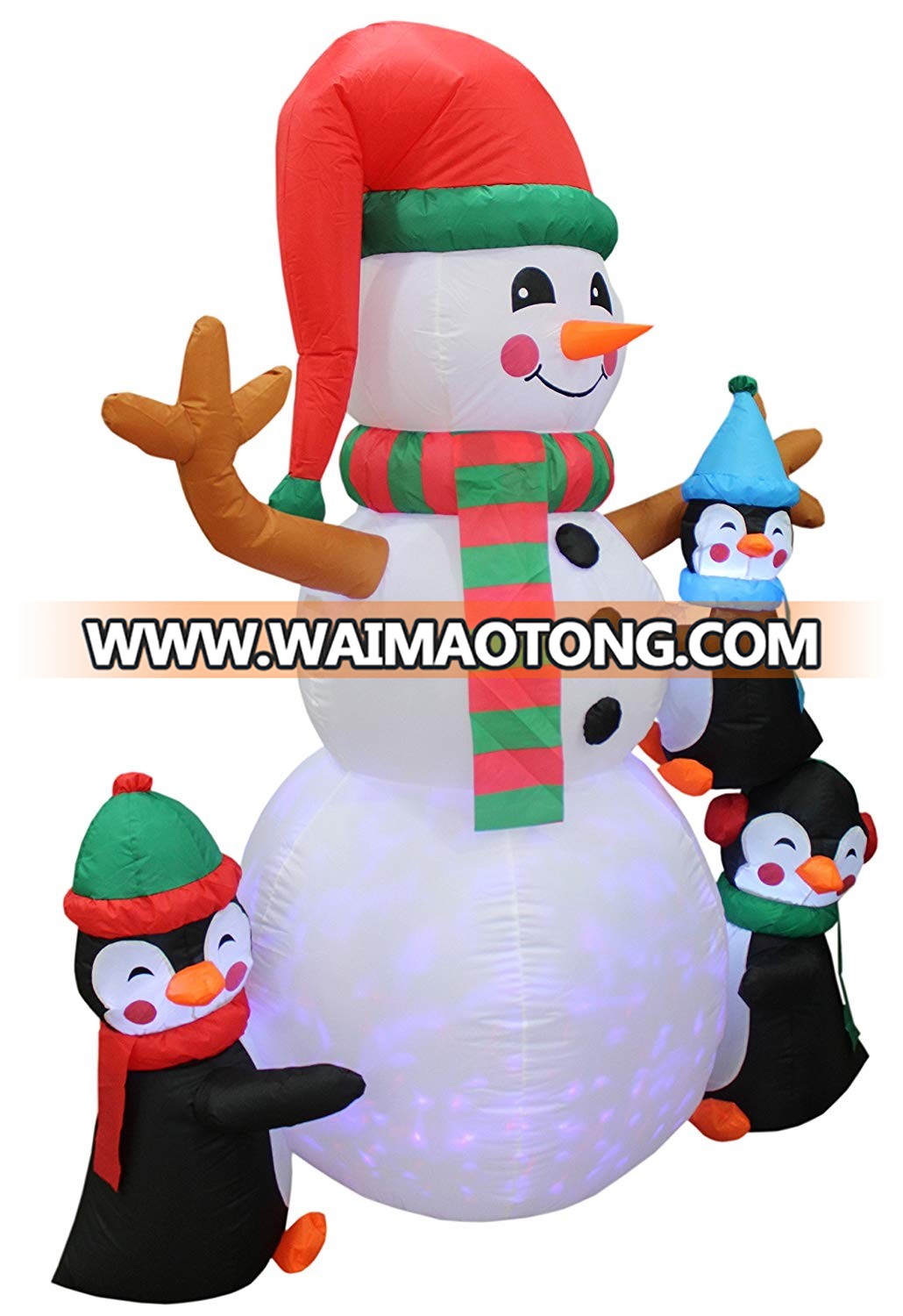 6 Foot Tall Color Lighted Christmas Inflatable Three Cute Penguins and Snowman