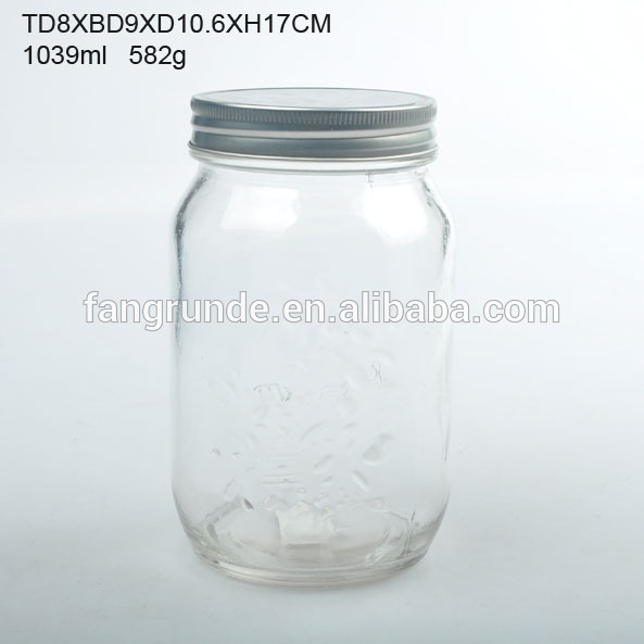 1L embossed logo different design Glass Mason Jar with metal lid