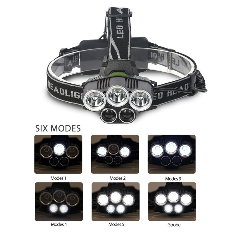 High Quality Aluminum 1800 Lumen Rechargeable 5LED Headlamp Brightest 18650 3*T6+2*R2 LED Headlight