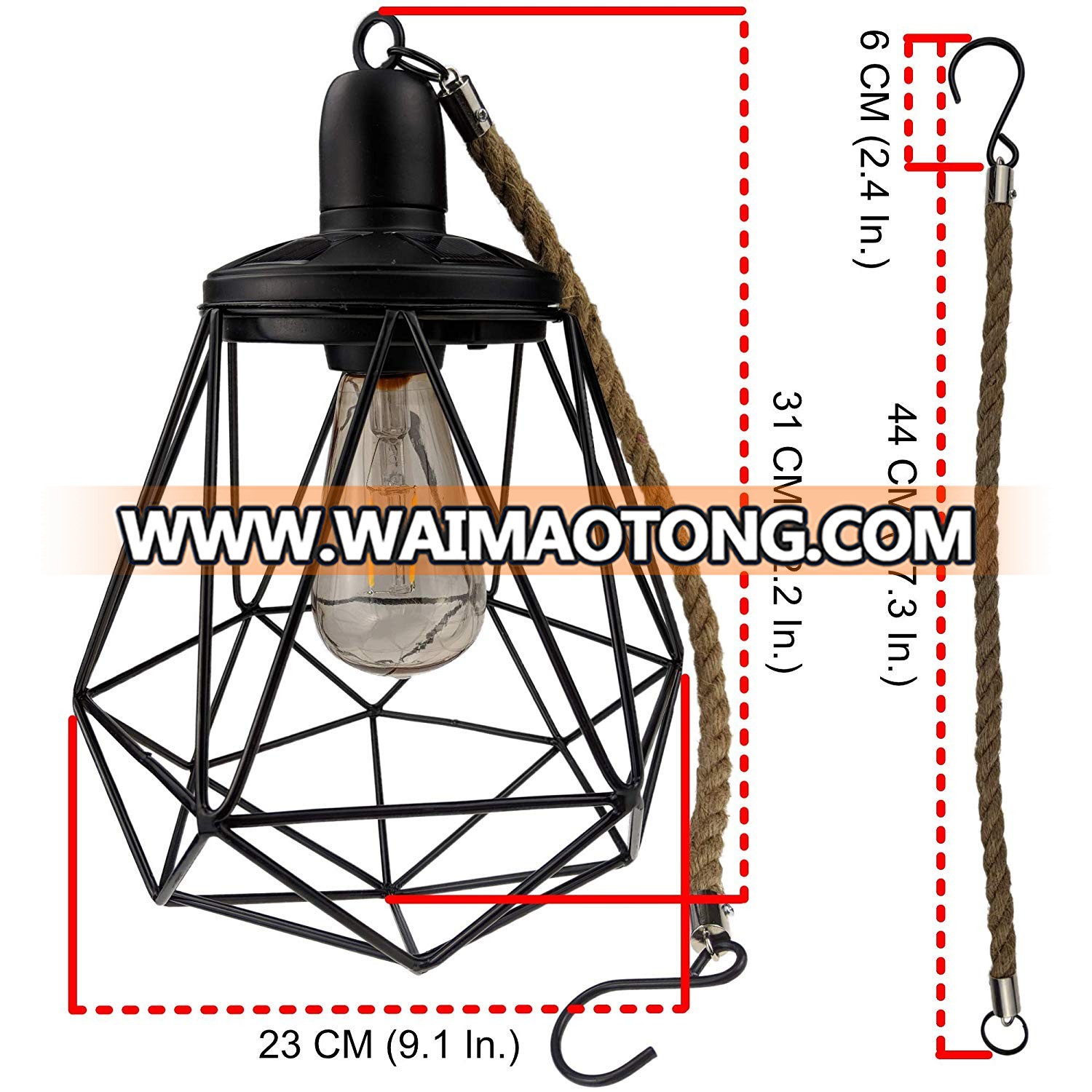 Outdoor rope hanging  waterproof solar metal lantern with led  bulb