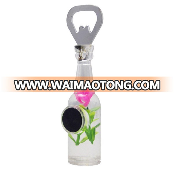 Acrylic Plastic Bottle Shape With Magnet Liquid Water Grass Flower Inside Fridge Magnet Beer Bottle Opener