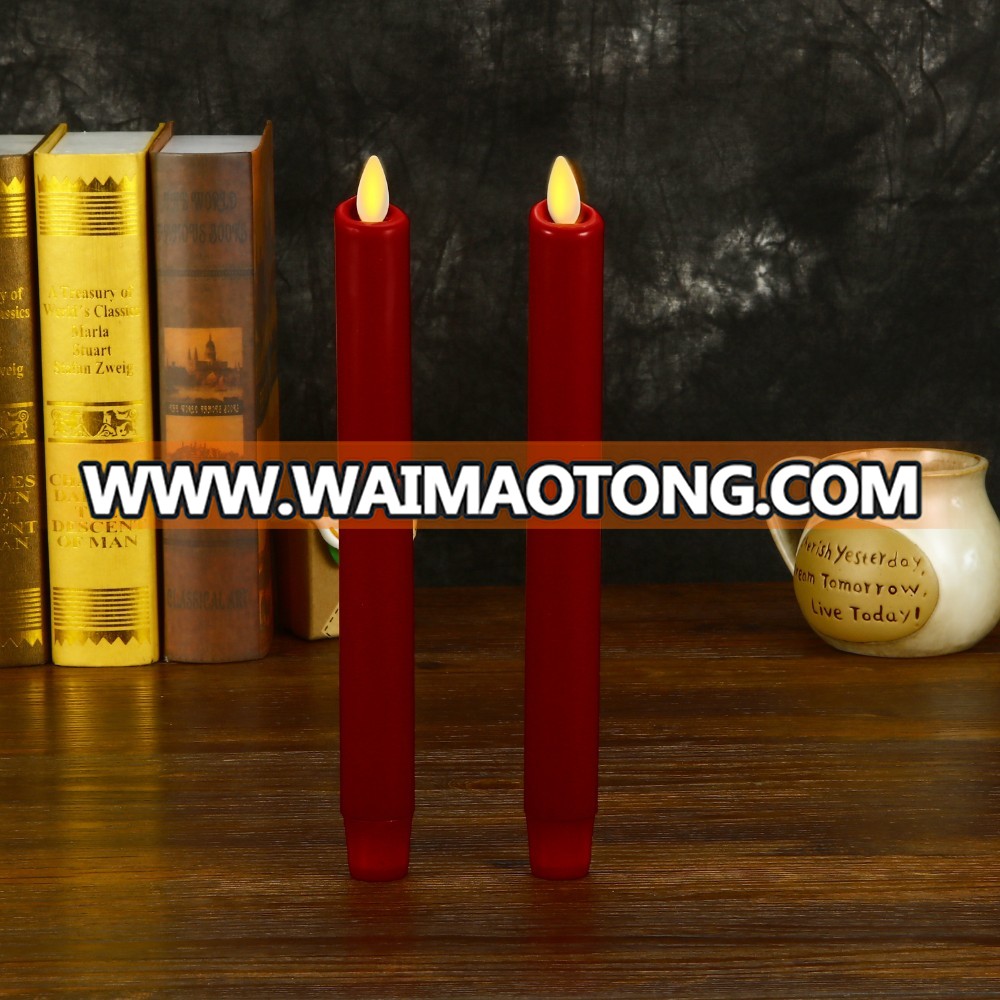 Real wax surface flameless  moving wick LED taper candles with timer and remote 2pcs/set Burgundy