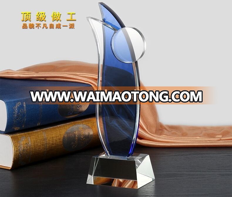 Blue Color Sailing Shape Crystal Hand Trophy For any Competitions