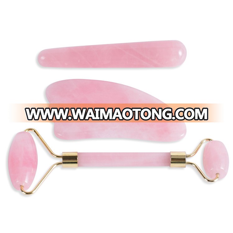 Bulk Wholesale Beauty Roller Natual A Grade Rose Quartz Facial Jade Roller With Massage Wand and Guasha Board