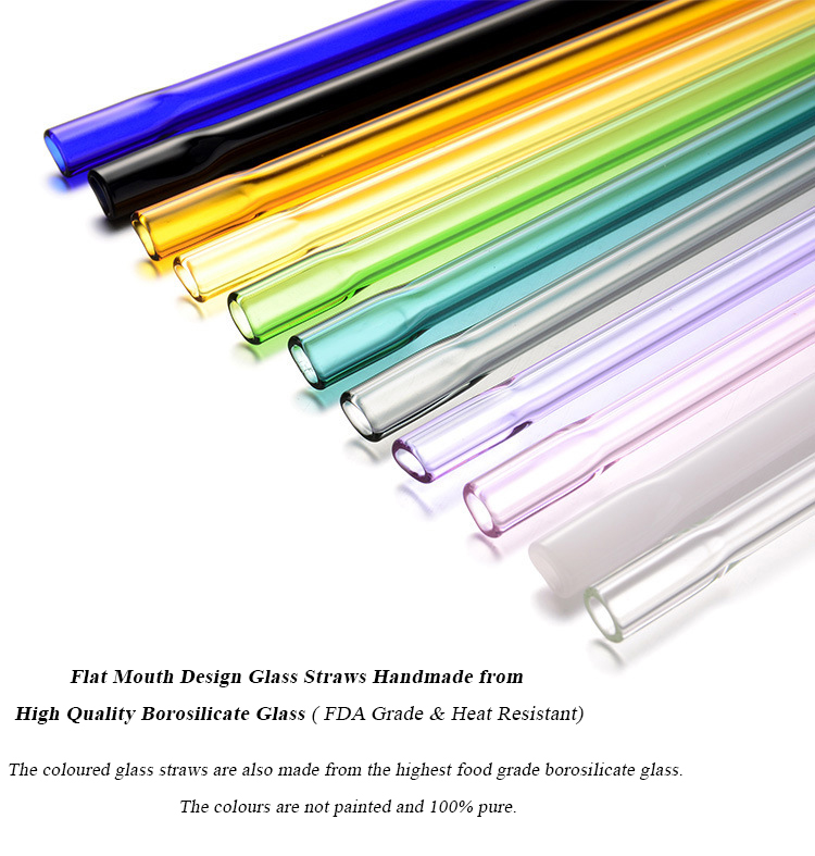 Handmade Pyrex Borosilicate Colored Bent Glass Drinking Straws With Cleaning Brush