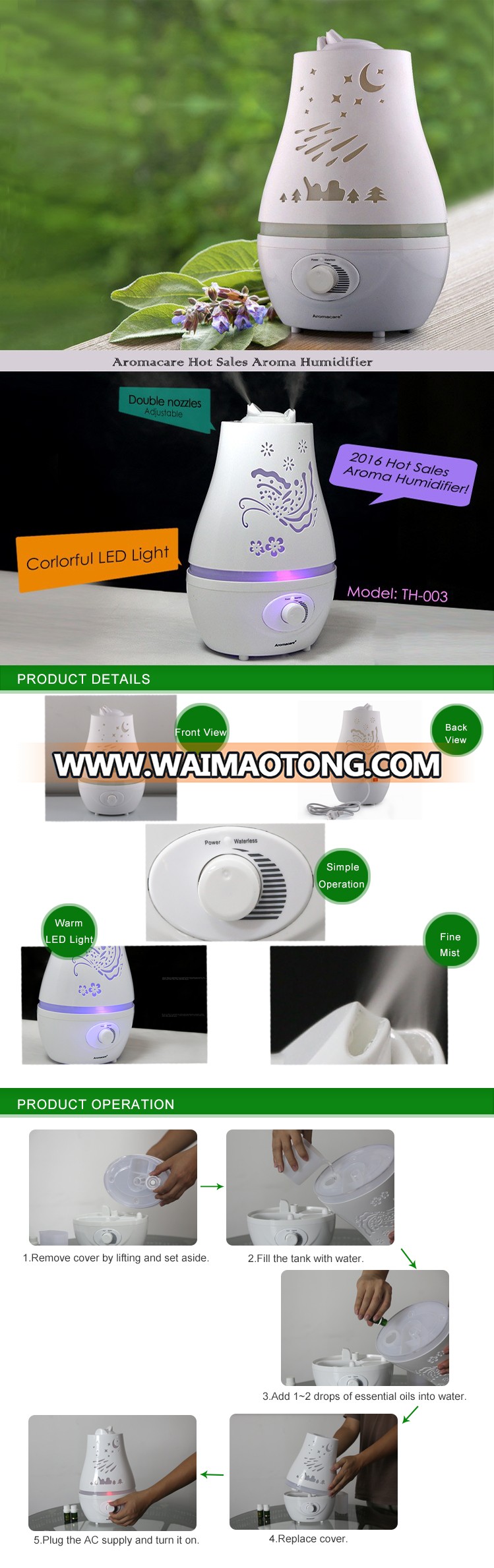 Aromacare New Model 2L Design Home Ultrasonic Mist Aroma Humidifier