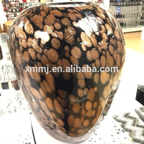 China Factory hand blown Flower theme black gold color murano Glass Vase