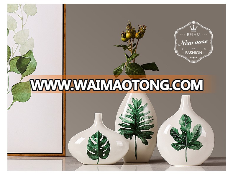 2017 trending green leaf painting factory newly designed ceramic vase wholesale