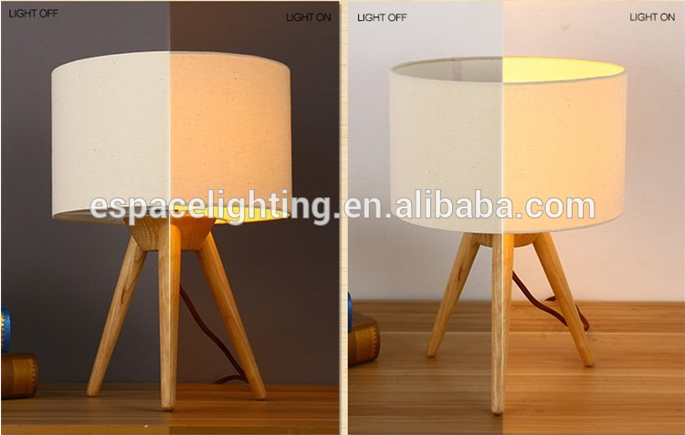 Modern wood tripod base table lamp with edison bulbs