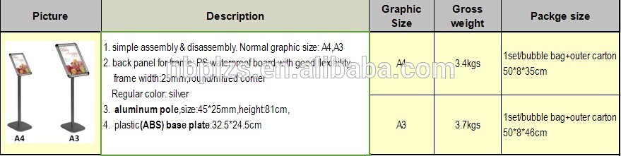 Aluminium poster stand a4 aluminum menu holder