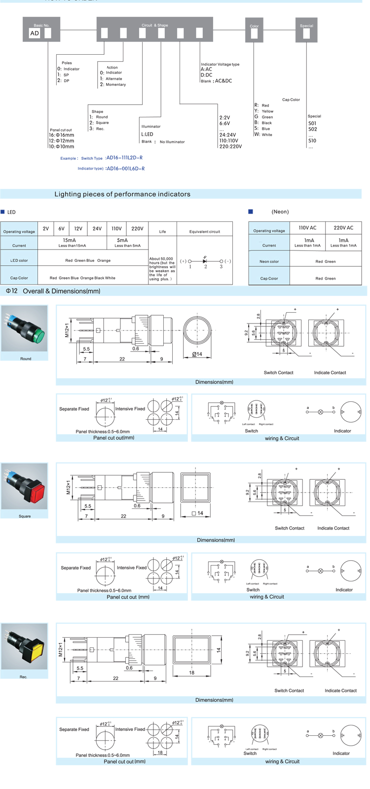 Factory price hot sell 12mm pushbutton  indicator lamp