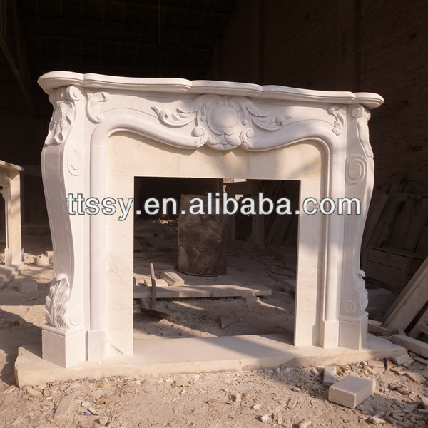 Beige marble fireplace insert with statue