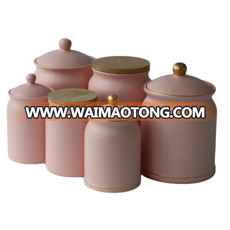 Wholesale Custom Tea Sugar Biscuit Storage Canister Ceramic coffee jars with wooden lids