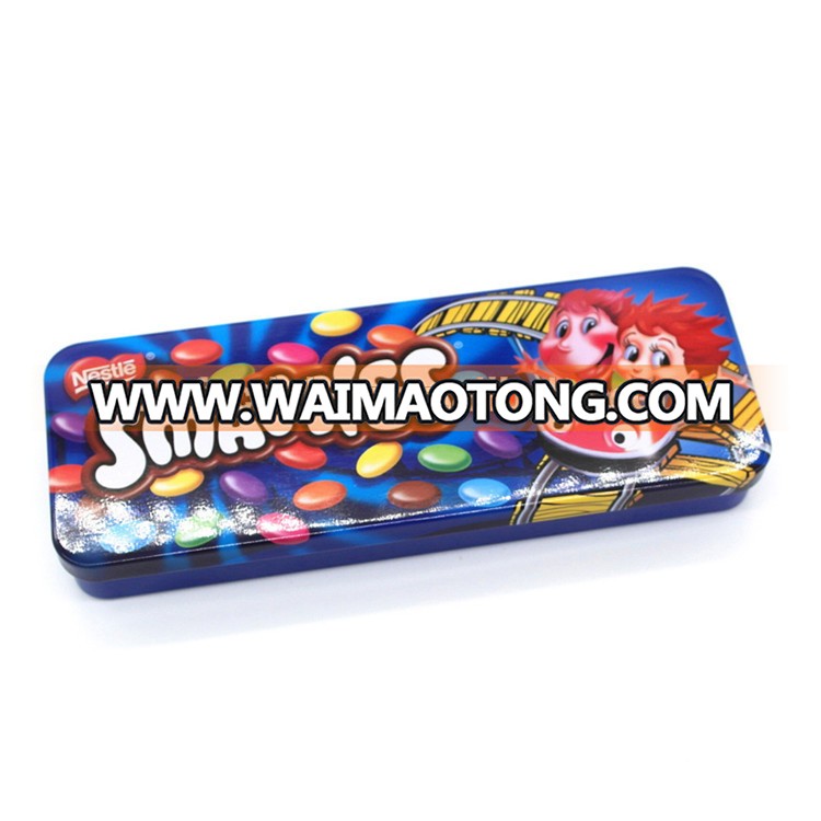 Flat decorative tin box with cut custom printing with lid for food packaging