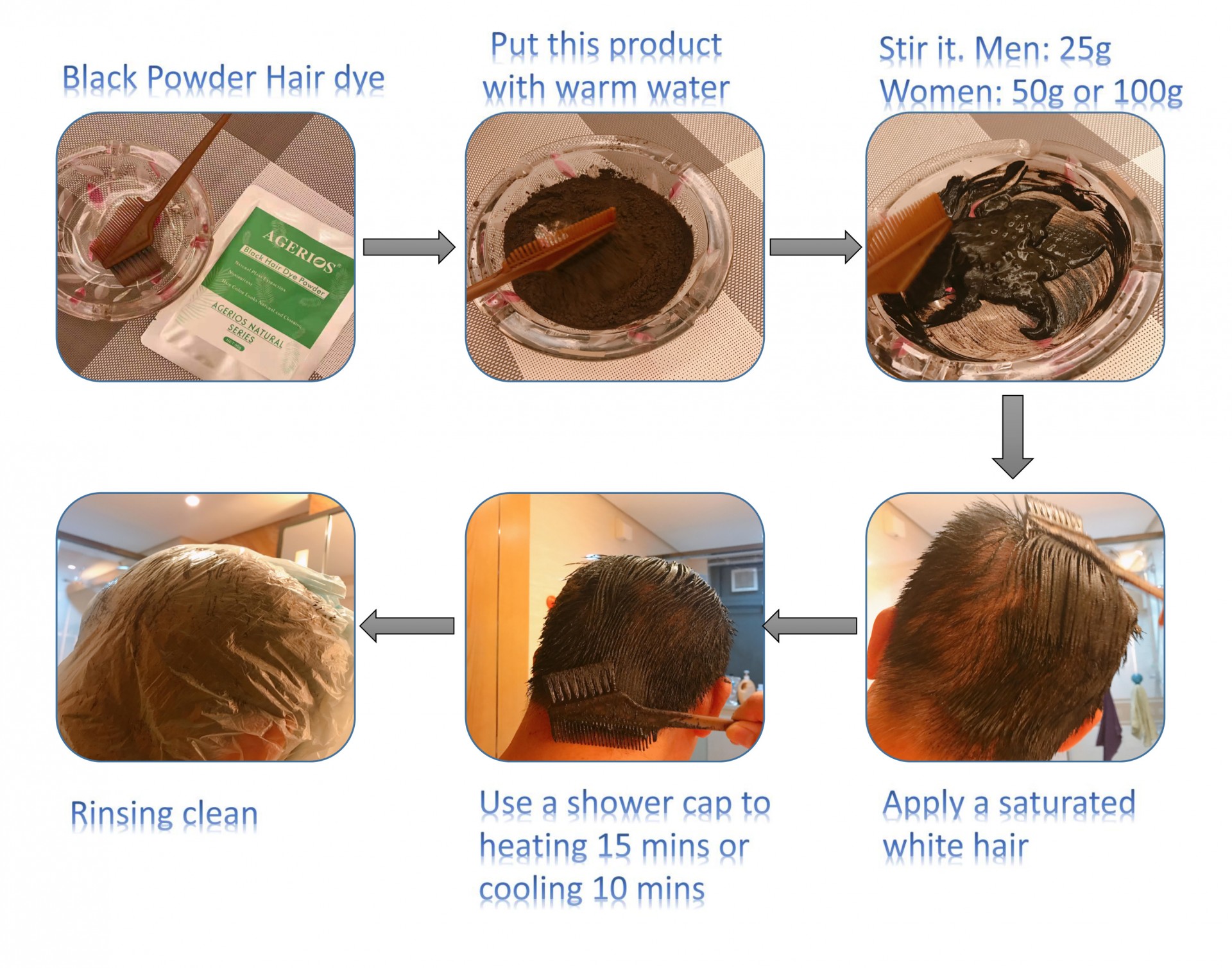 Black hair dye powder fast hair blackening and 100% grey hair cover for men and women