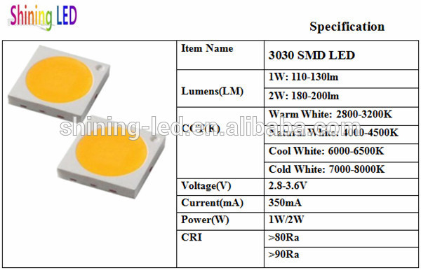 180-200LM CRI>90Ra 2W 3030 SMD LED Specifications