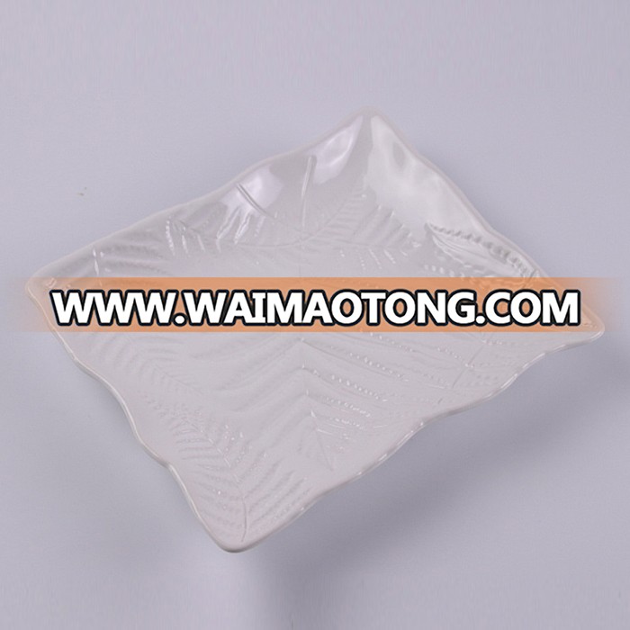 Factory price rectangle leaf embossed ceramic plates