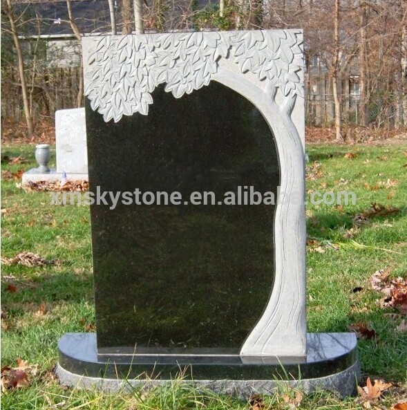 Traditional Upright Straight Shanxi Black Granite Headstone With Tree