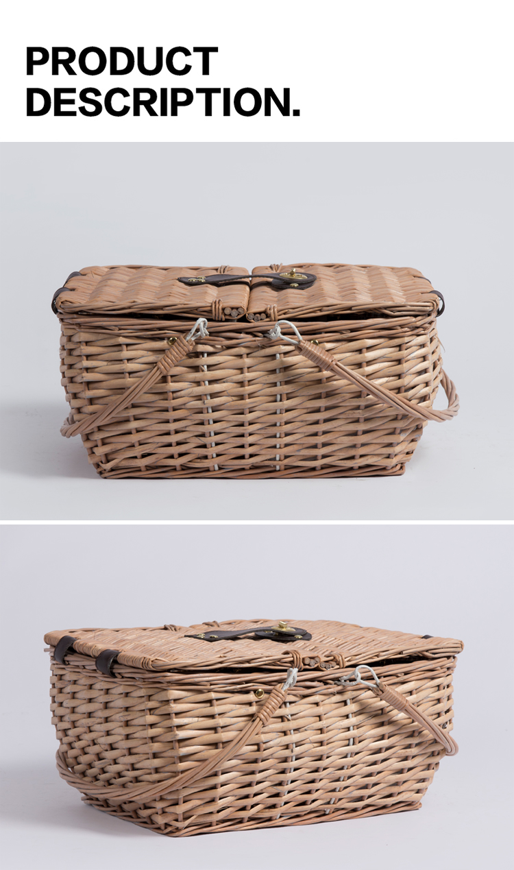 Kids fabric lining willow wicker picnic basket with handle lid