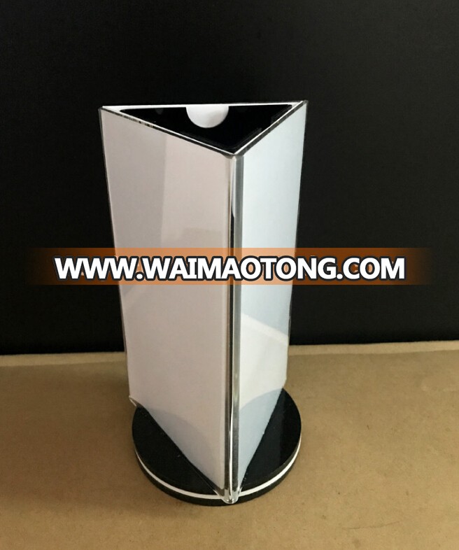 2018 Shenzhen Factory Acrylic Restaurant Table Card Holder Rotating Triangle Menu Display Holder