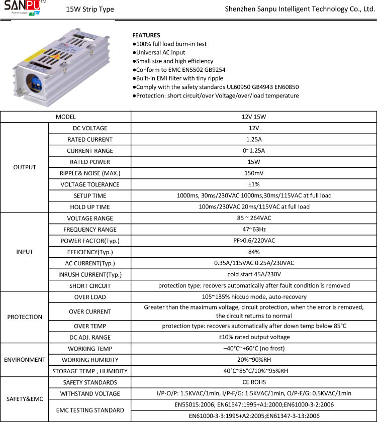 Wall mounted enclosure 220v 12v tranformer 15w led driver power supply