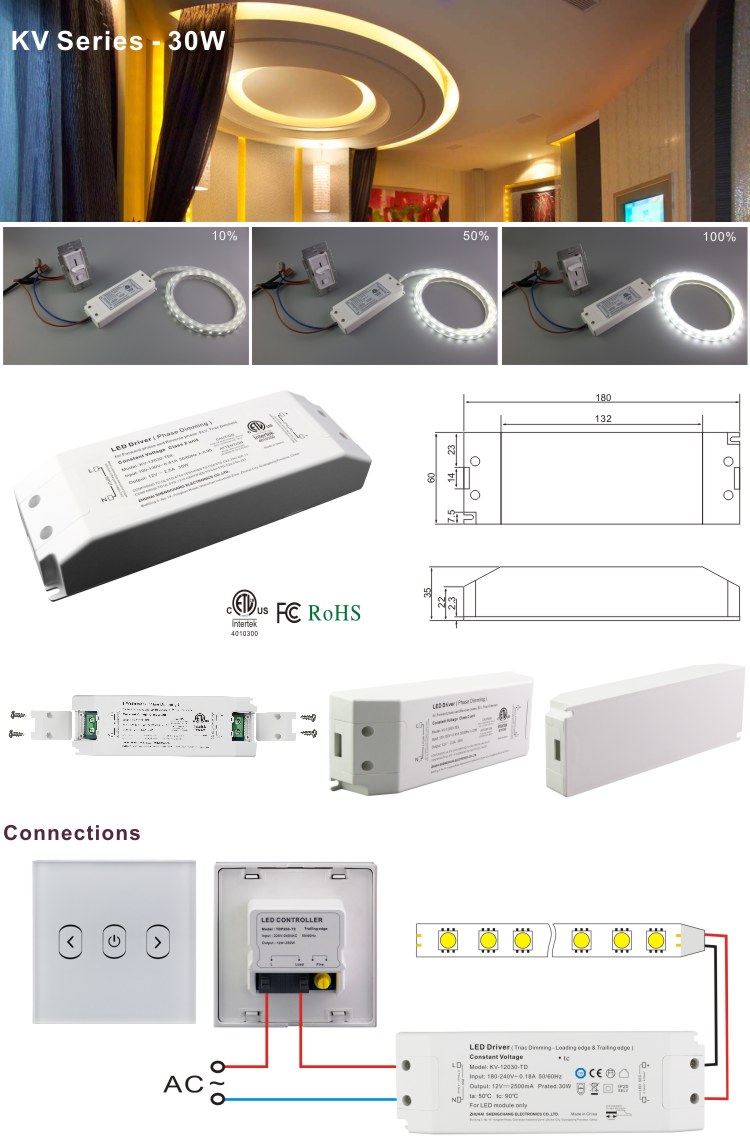 24V 1.25A 30W 100-130VAC Constant Voltage  Triac Phase Cut Dimming LED Driver