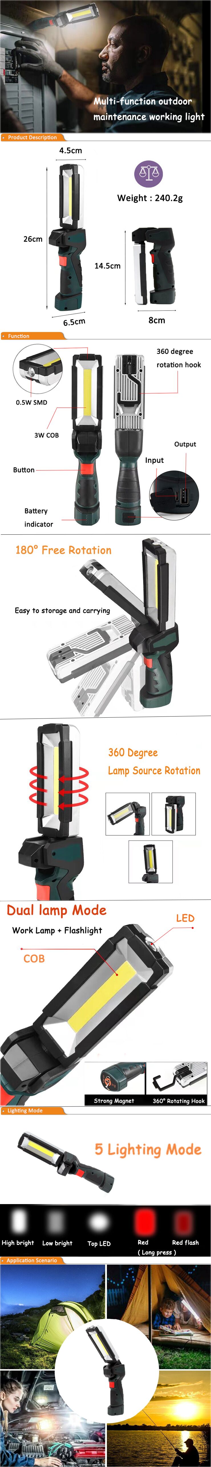 Flexible Magnetic Inspection Lamp Torch USB Rechargeable Garage COB LED Work Light