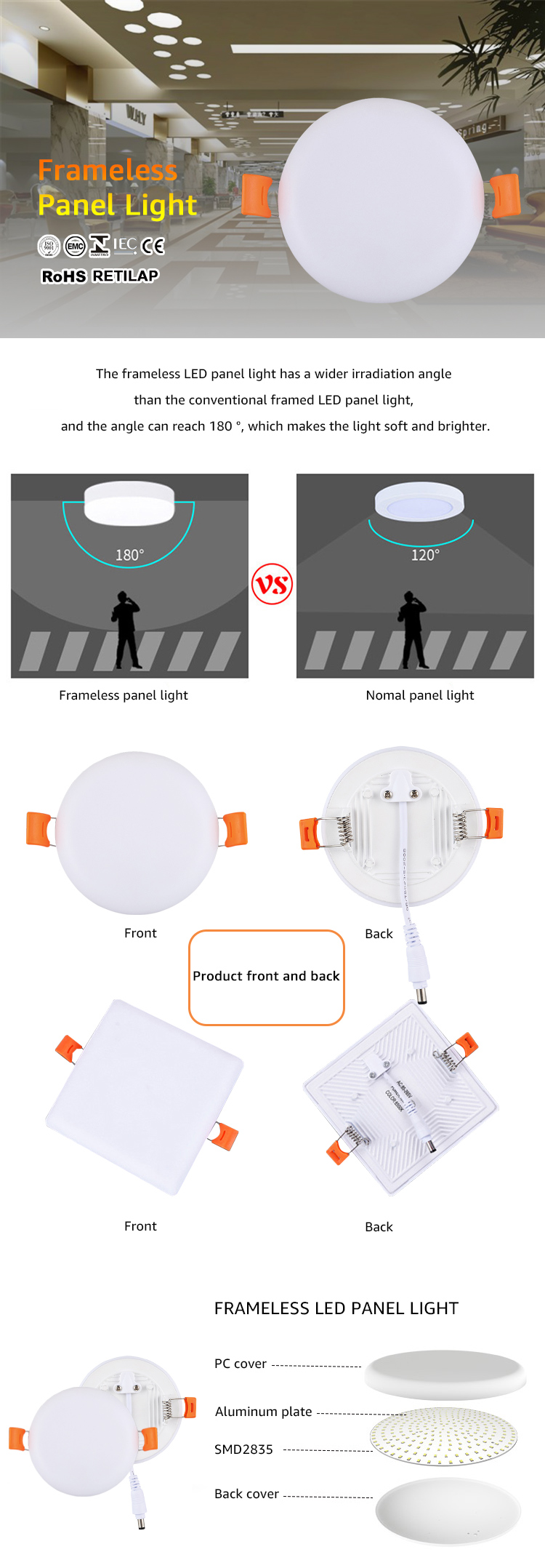 18W frameless led panel light smart led lamp square recessed downlight