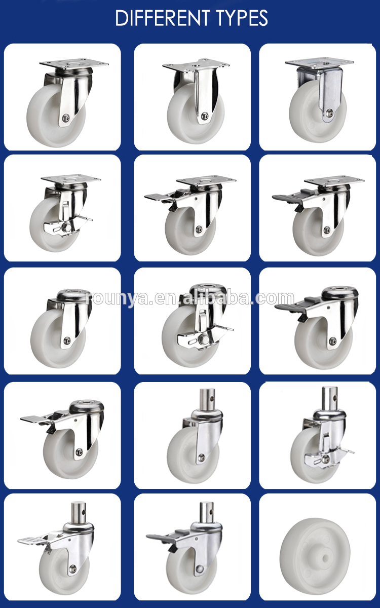 Medium duty stainless steel white nylon top plate caster 3" 4" 5" wheel swivel casters with total locking brake