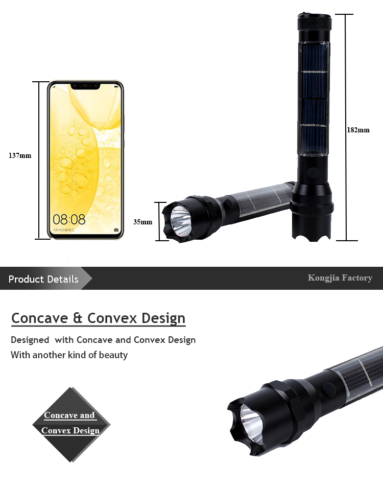 Solar powered flashlight solar torch light  lamp torches with USB rechargeable battery