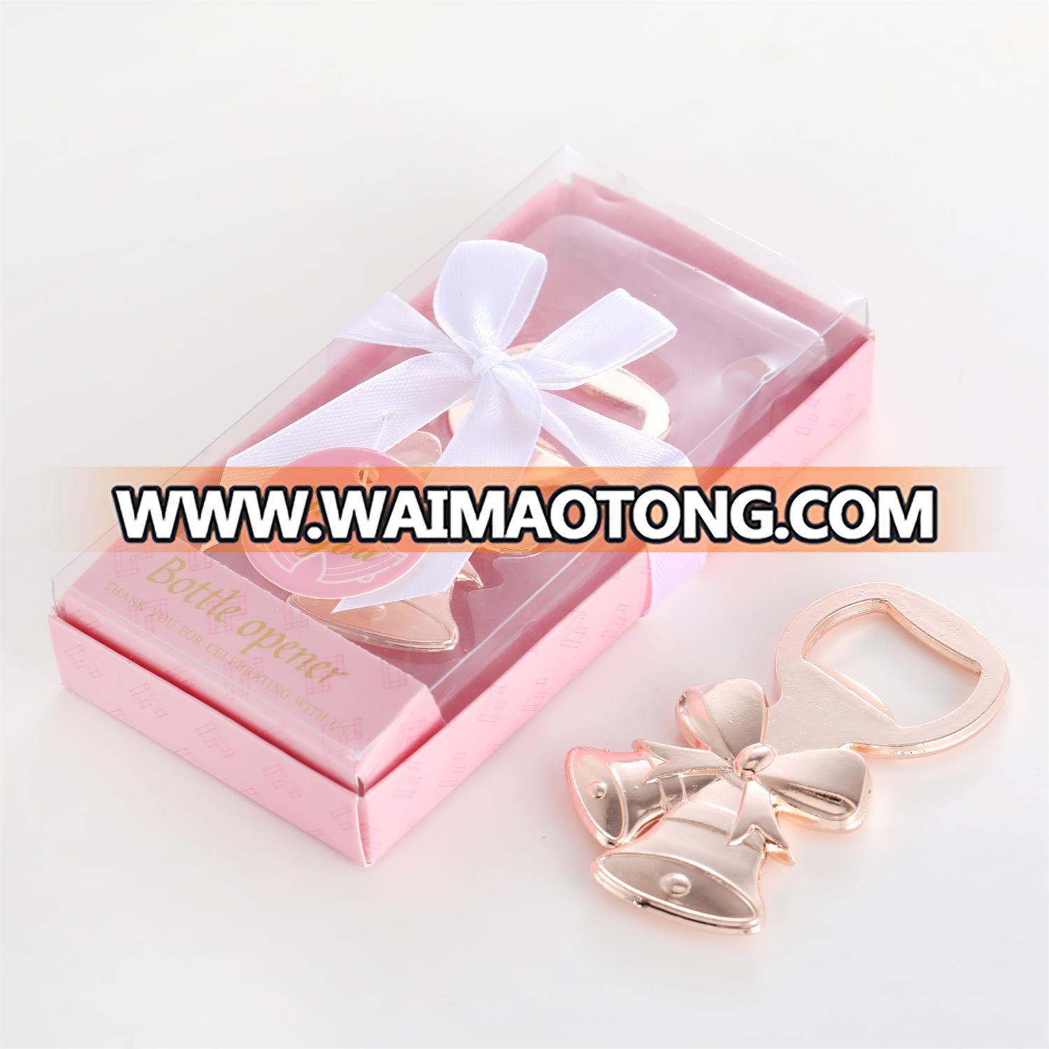 Wedding Favors or Baby Shower Gifts Elegant Pink Box Gold Jingle Bell Design Baby Bottle Opener