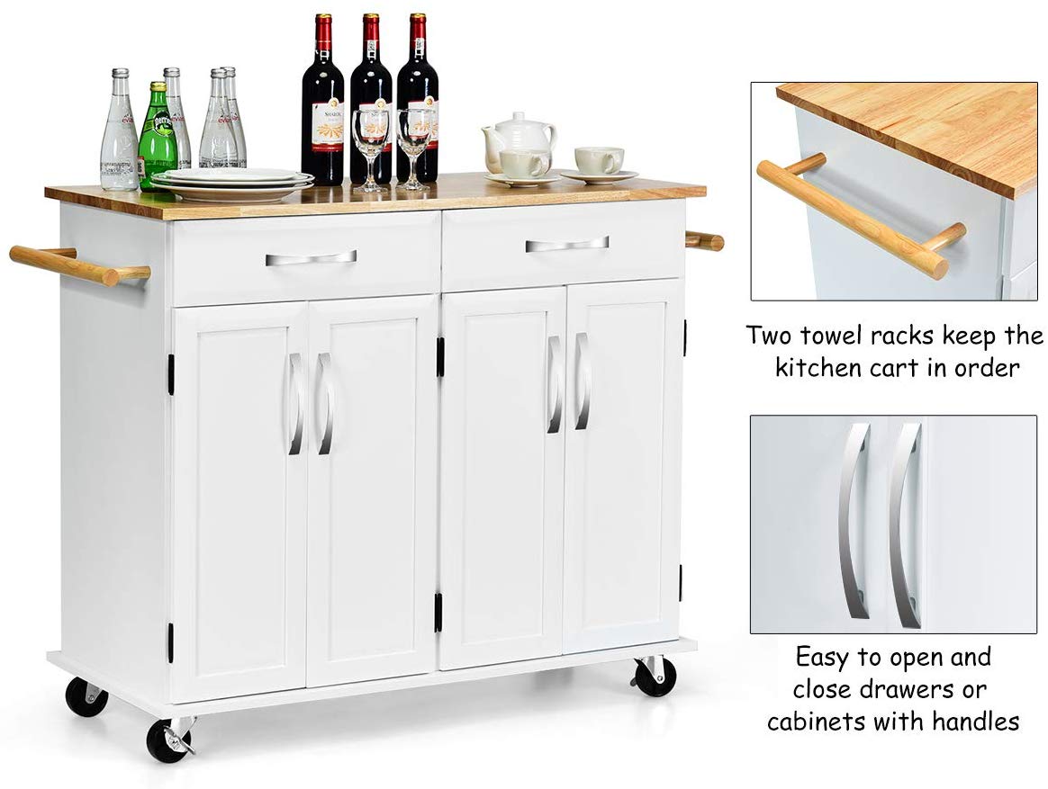 Kitchen furniture rubber wood top kitchen storage cart trolley with two doors