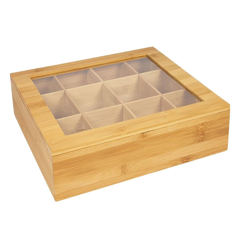 4-Compartment Multipurpose Organization Display Box Wood tea bag box with Clear Lid